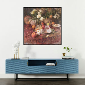 'Akhlaq 2 (Still Life with Fruit and Flowers)' painting by Shadab Kazi shown on a wall in a furnished room.