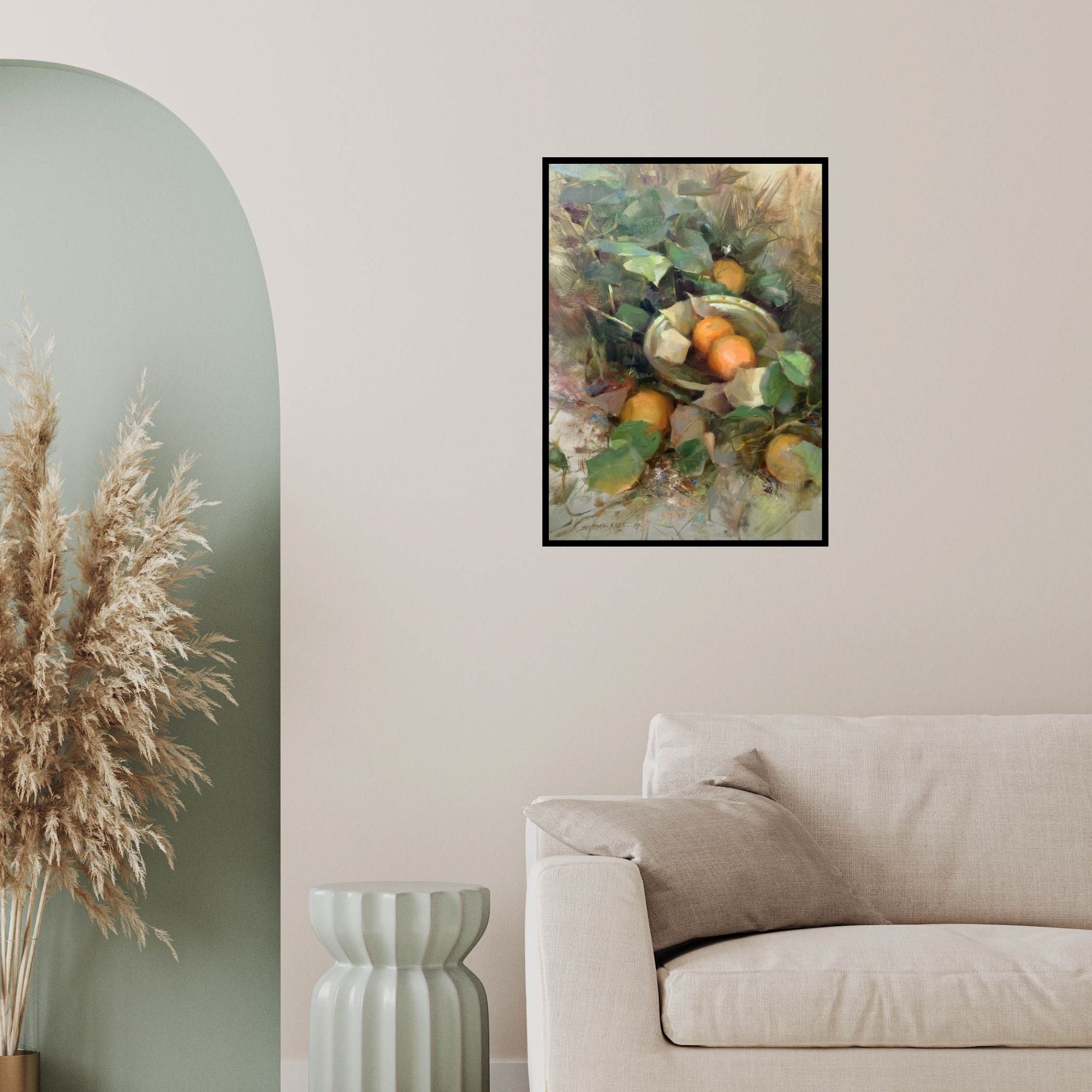 In-situ view of Shadab Kazi's 'Akhlaq (Golden Harvest)' painting in a room