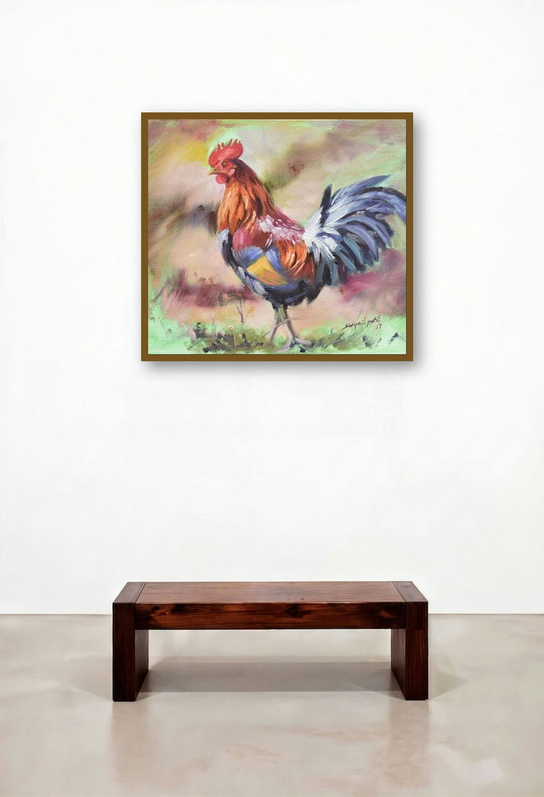 Alaram (Colorful Rooster 1) by artist Swapniil Paatil displayed in a Classic Library