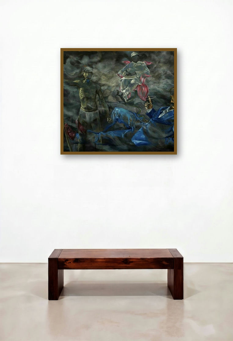 Allegory Of Brahma Vishnu Mahesh (The Meeting) by artist Rishi Raj displayed in a Minimalist Hotel Lobby