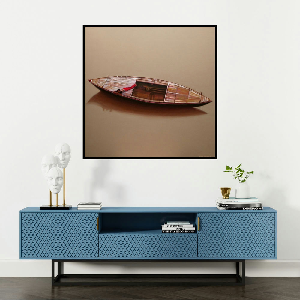 'Alone' painting by Vinayak Takalkar shown on a wall in a furnished room.