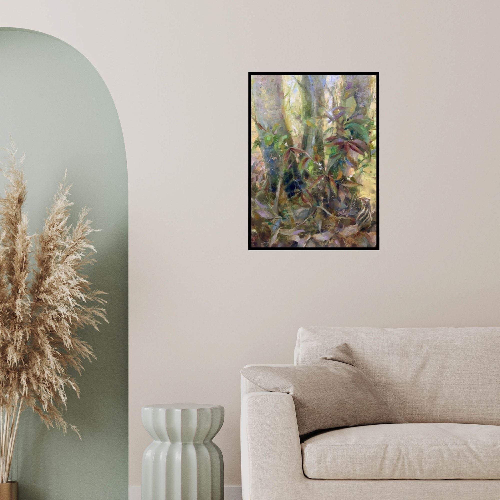 In-situ view of Shadab Kazi's 'Alone In Peaceful Clutter (Woodland Harmony)' painting in a room