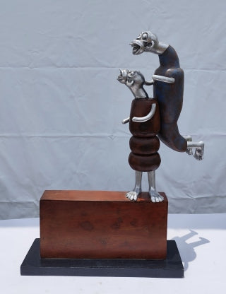 'Always Happy' contemporary Wood, Aluminium sculpture by artist Umed Rawat, 19x15 inch, on wood, aluminium