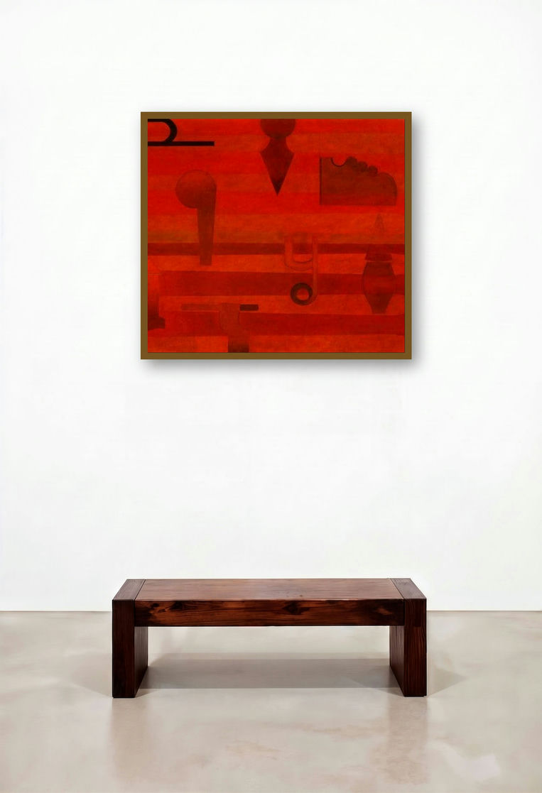 Amay Vanavari (Objects in Red) by artist Anil Chaudhari displayed in a Boutique Hotel Style Library