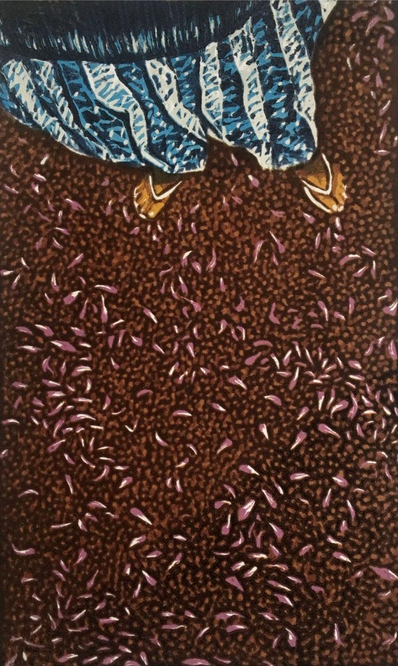 Figurative printmaking titled 'Among The Lavenders', 10x7 inches, by artist Prachi Sahasrabudhe on Paper