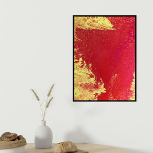 Kartikey Sharma's 'Amorphic Fire' painting visualized above a sofa in a contemporary room.