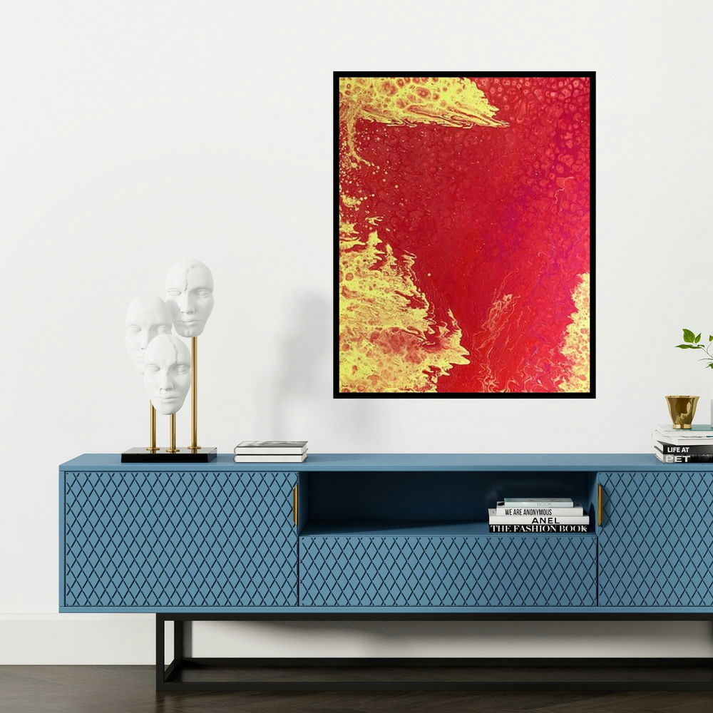 'Amorphic Fire' painting by Kartikey Sharma shown on a wall in a furnished room.