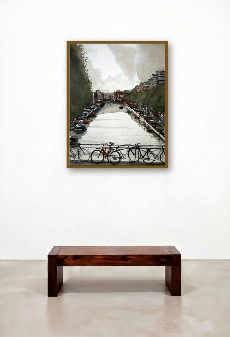Amsterdam (A Quiet Moment by artist the Canal) by artist Arunava Ray displayed in a Designer Library