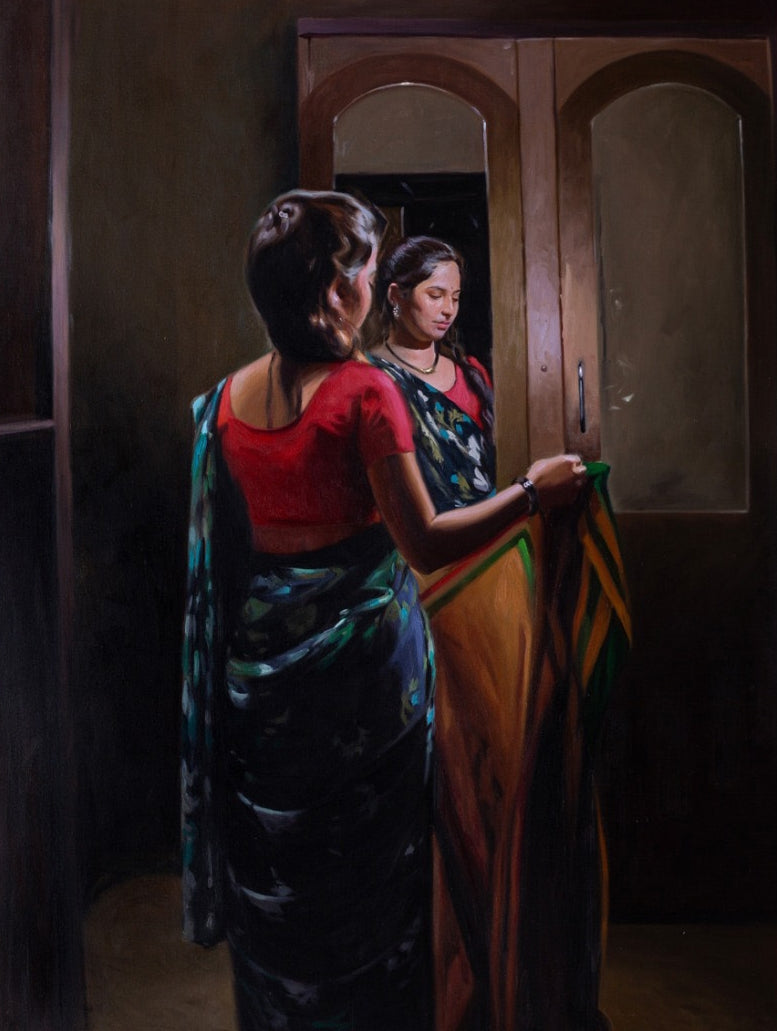 Amtamugdha' figurative oil painting by artist Mahesh Soundatte, 40x30 inch, on linen