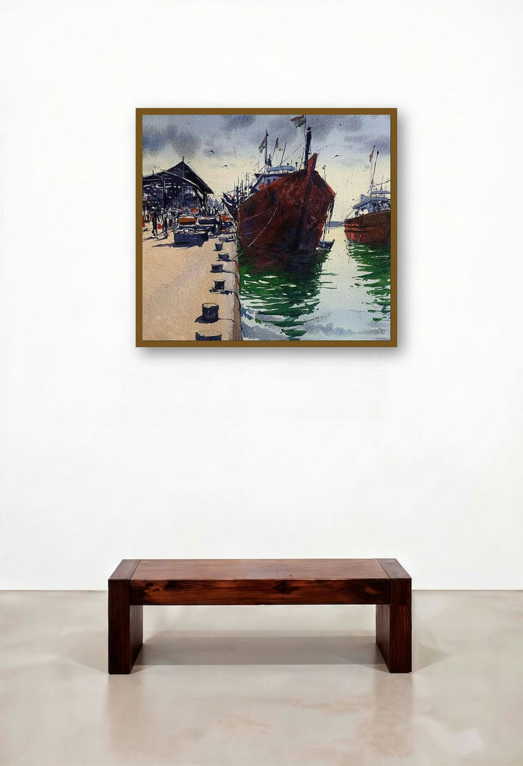 An Fish Market Bunder In Mangalore (Harbor Hustle) by artist Ks Farvez displayed in a Luxury Home Office