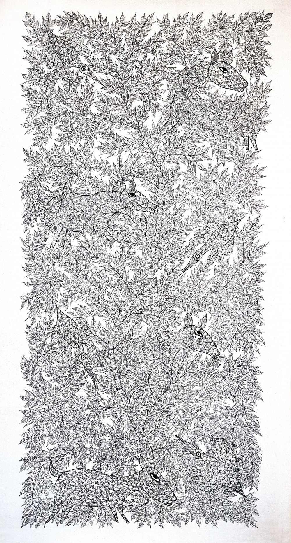 Folk Art gond traditional art titled 'An Illusion Tree Gond Art', 36x19 inches, by artist Umaid Singh Patta on Paper