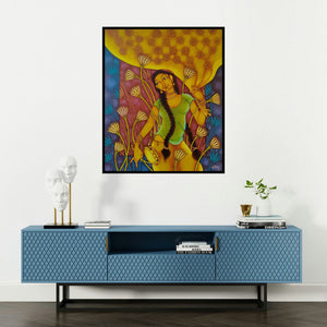 Manikandan Punnakkal's 'Anandini 2 (The Golden Maiden)' painting visualized above a sofa in a contemporary room.