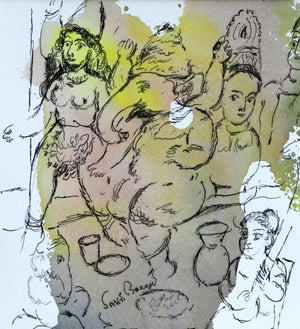 Anant (Divine Celebration, Festive Dance) by Sakti Burman, Original Mixed Media Religious Painting on Paper, X-Small Vertical Wall Art