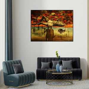 Rishi Raj's 'Ancestor (The Burden of Life)' painting visualized above a sofa in a contemporary room.