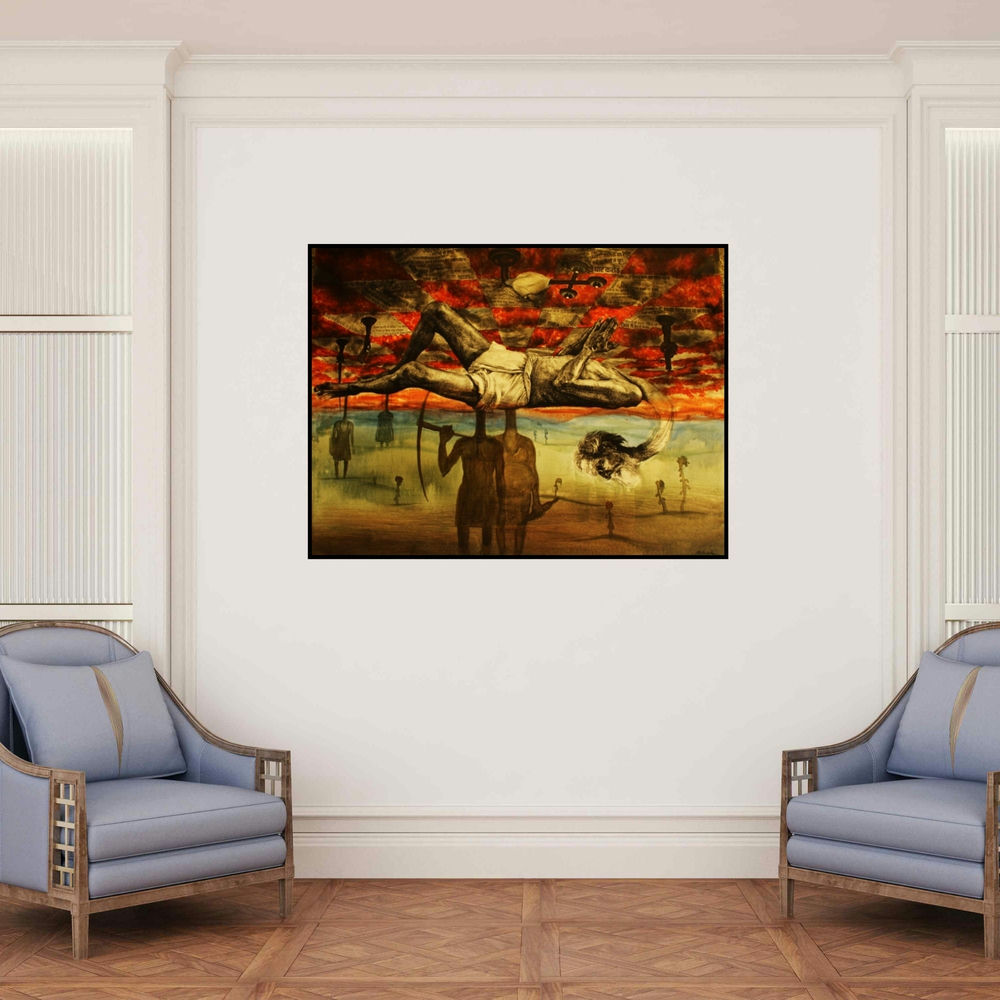 'Ancestor (The Burden of Life)' painting by Rishi Raj shown on a wall in a furnished room.