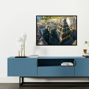 Preview of 'Ancient Beauty Kailash Temple' Painting by Vishal Chavan shown on a wall in a furnished room.