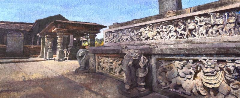 Cityscape acrylic painting titled 'Ancient Beauty Of Humcha', 21x36 inches, by artist Ajay Sangve on Canvas