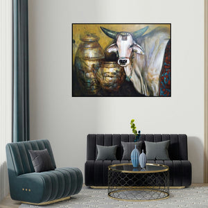 Jiban Biswas's 'Ancient Bull (Sacred Adornment)' painting visualized above a sofa in a contemporary room.