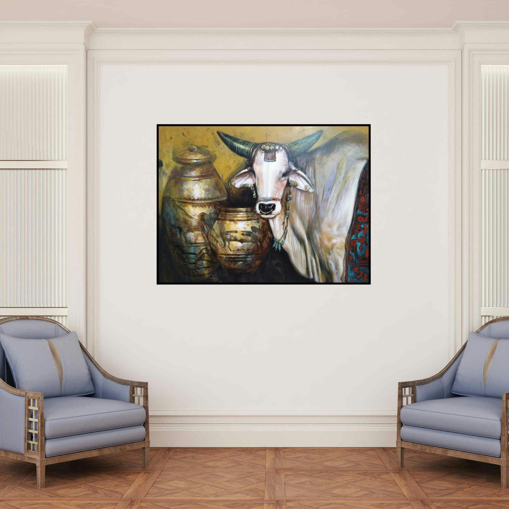 'Ancient Bull (Sacred Adornment)' painting by Jiban Biswas shown on a wall in a furnished room.