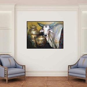 'Ancient Bull (Sacred Adornment)' painting by Jiban Biswas shown on a wall in a furnished room.