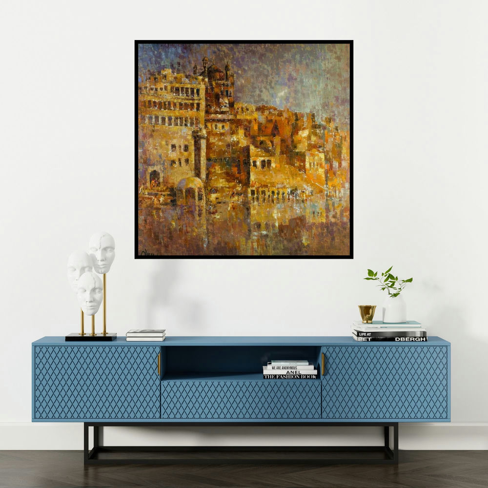'Ancient Castle I (Citadel of Time)' painting by Upendra Nayak shown on a wall in a furnished room.