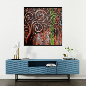 'Ancient Design Ii' painting by Suruchi Jamkar shown on a wall in a furnished room.