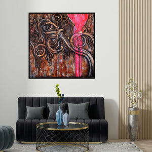 Suruchi Jamkar's 'Ancient Design' painting visualized above a sofa in a contemporary room.