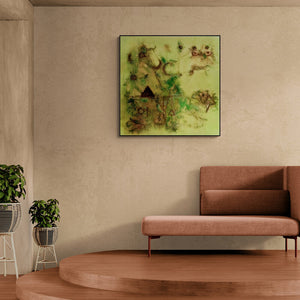 Preview of 'Ancient Dust (Verdant Dreamscape)' Painting by Kaushlendra Pratap Singh shown on a wall in a furnished room.