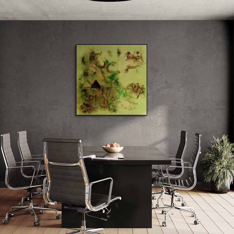 In-situ view of Kaushlendra Pratap Singh's 'Ancient Dust (Verdant Dreamscape)' painting in a room