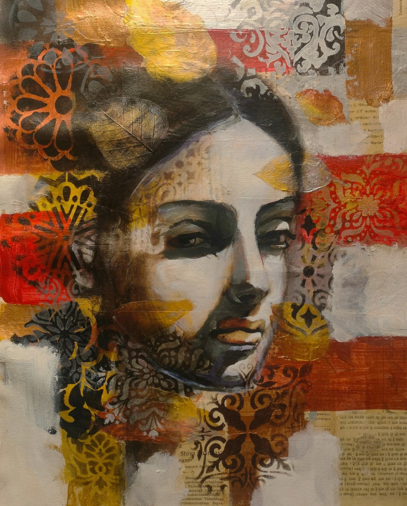 'Ancient Echoes 1' figurative mixed-media painting by artist Srinivasa Ram Makineedi, 20x16 inch, on canvas