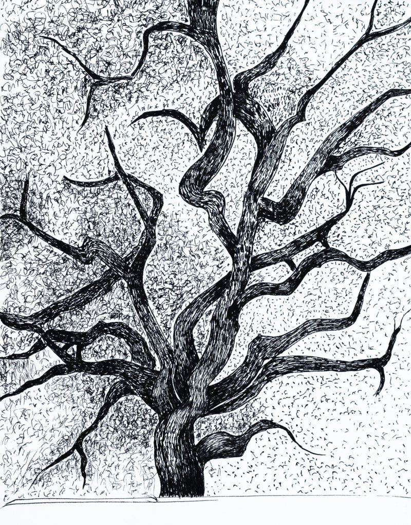 'Ancient Embrace' nature ink drawing by artist Ankit Kushwaha, 8x6 inch, on paper