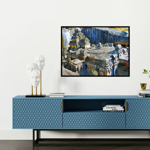 Preview of 'Ancient Mystery Kailash Temple' Painting by Vishal Chavan shown on a wall in a furnished room.