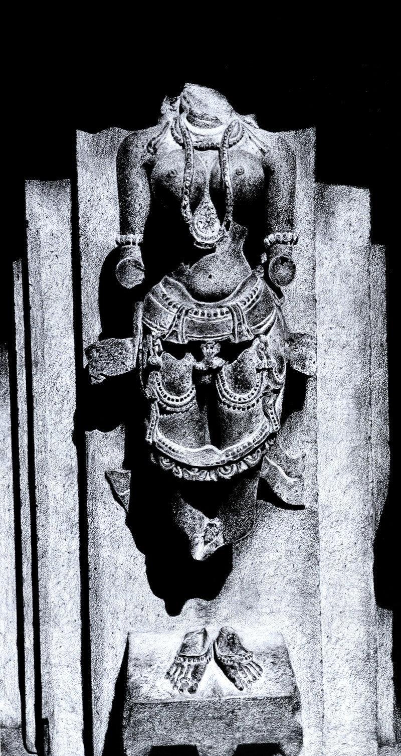 Figurative charcoal drawing titled 'Ancient Relic 04', 28x16 inches, by artist Preeti Ghule on Paper