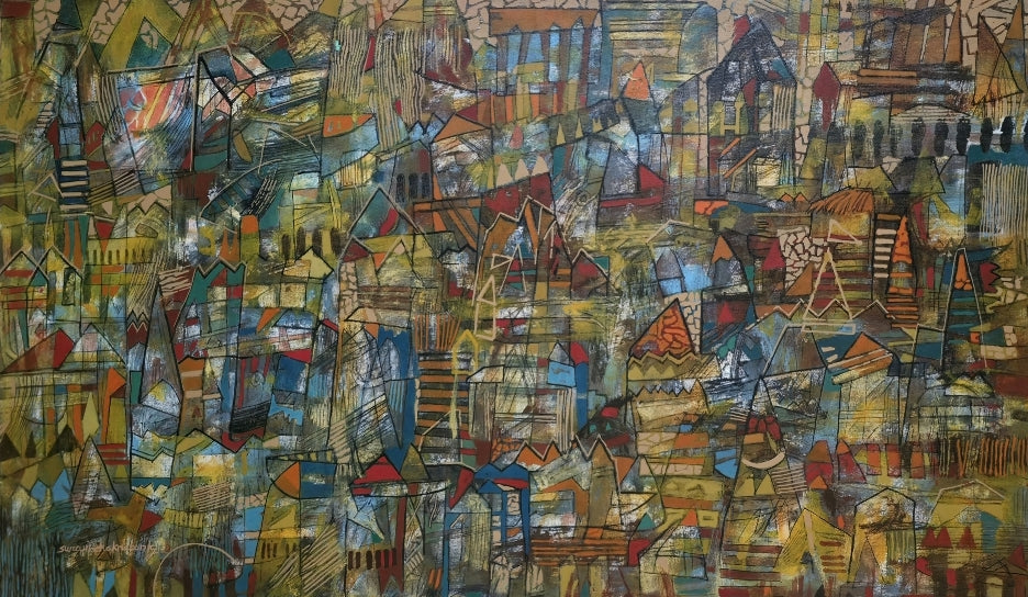 'An Ancient Sacred Cityscape' abstract acrylic painting by artist Srj Surajit Chakraborty, 29x49 inch, on canvas
