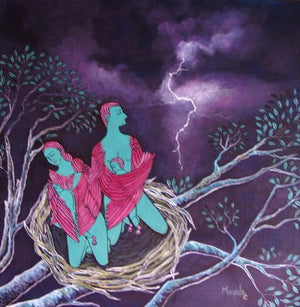 Angel Nest by Manjula Dubey, Original Acrylic Figurative Painting on Canvas, Medium Square Wall Art