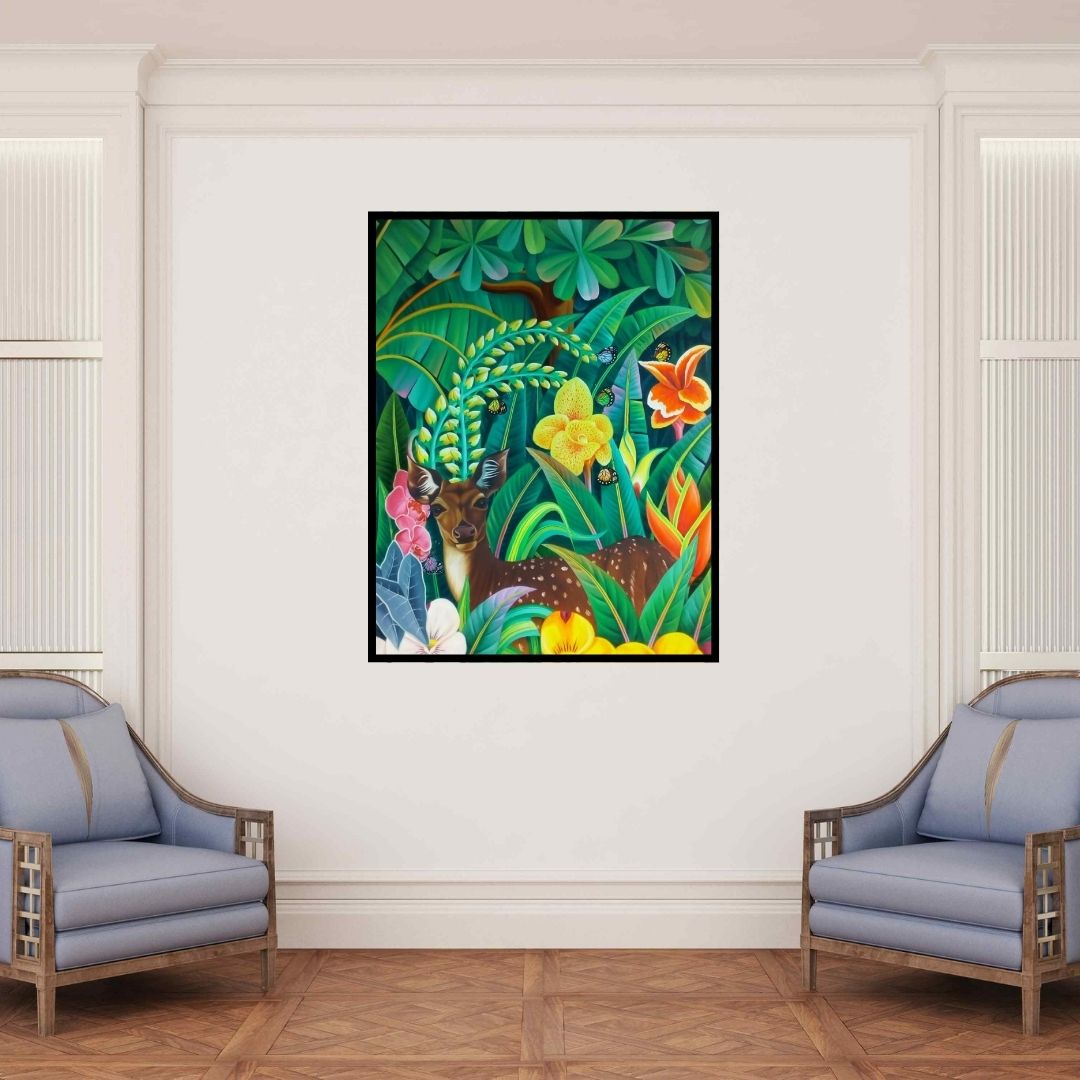 In-situ view of Murali Nagapuzha's 'Flora And Fauna (A Deer in Paradise)' painting in a room
