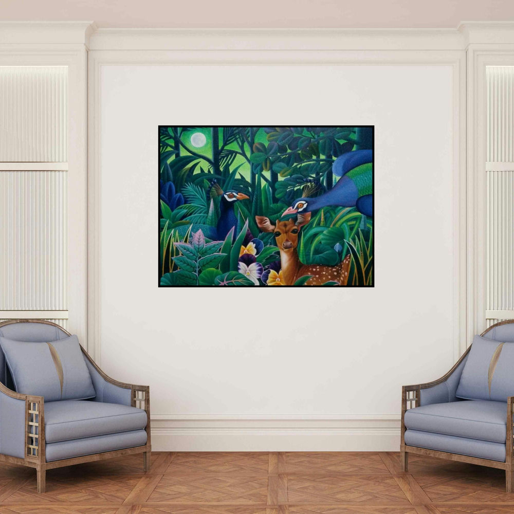 'Animals 2 (Jungle Encounter)' painting by Murali Nagapuzha shown on a wall in a furnished room.