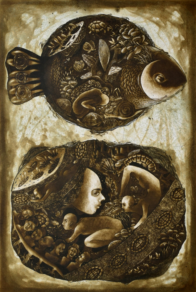 Animism' contemporary etching printmaking by artist Tribhuvan Kumar, 28x20 inch, on paper