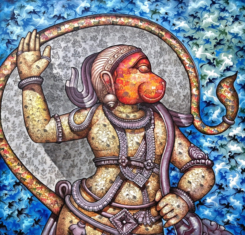 'Anjaneya' religious acrylic-oil painting by artist Sudhir Meher, 36x33 inch, on canvas