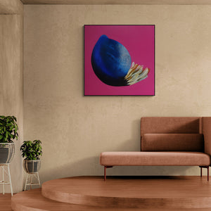 Uday Goswami's painting 'Ankuran 2 (Indigo Burst)' displayed in a modern living room setting