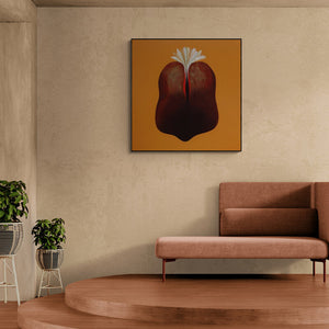 Uday Goswami's painting 'Ankuran 3 (Emergent Life)' displayed in a modern living room setting