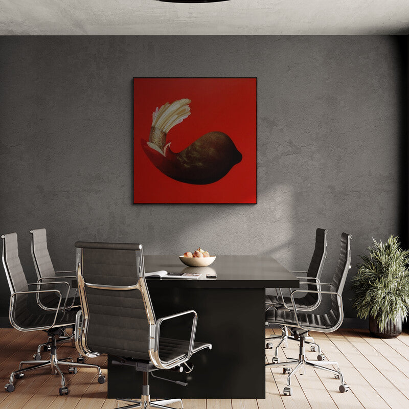 In-situ view of Uday Goswami's 'Ankuran 4 (Crimson Bloom)' painting in a room