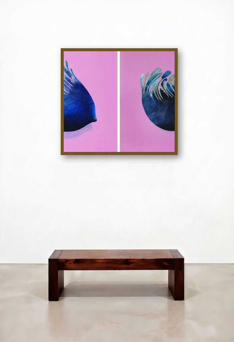 Ankuran 6 (Indigo Dreams) by artist Uday Goswami displayed in a Scandinavian Library