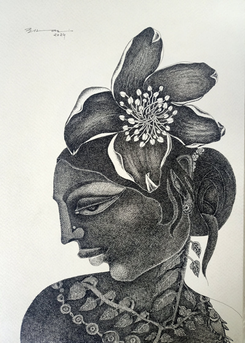'Anokhi 2' figurative pen-ink drawing by artist Vinay Amber, 12x8 inch, on paper