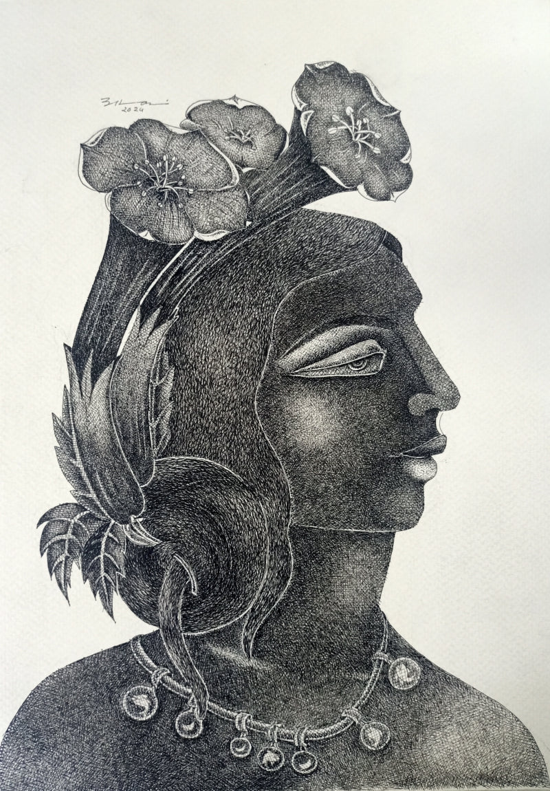 'Anokhi' figurative pen-ink drawing by artist Vinay Amber, 12x8 inch, on paper