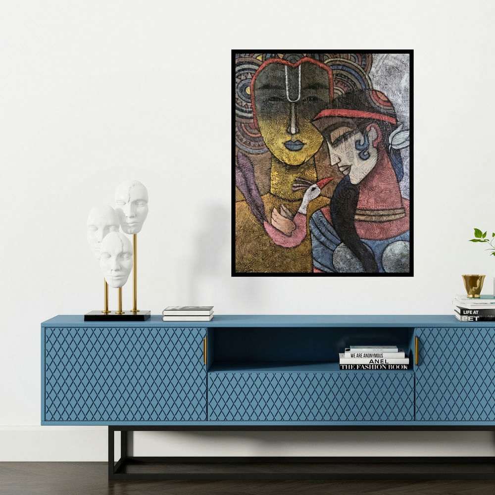 'Antaryami (Radha Krishna: A Divine Love Story)' painting by Krishna Ashok shown on a wall in a furnished room.