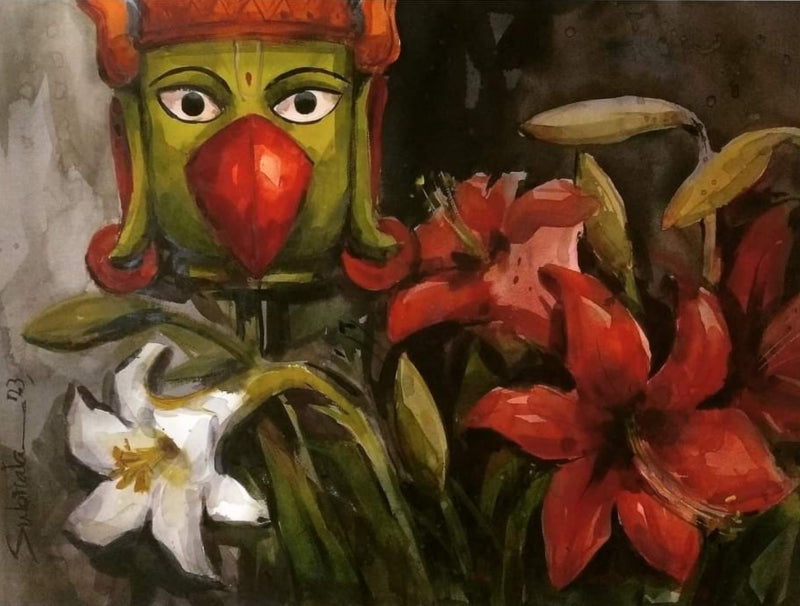 'Antique With Flowers' nature watercolor painting by artist Subrata Malakar, 22x30 inch, on paper