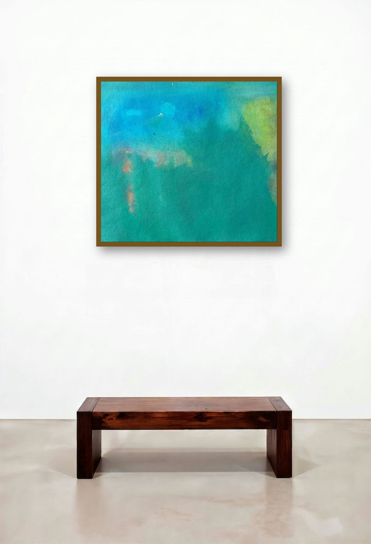 Appearances (Abstract Landscape in Blue and Green) by artist Jayshree Savani displayed in a Coastal Family Room
