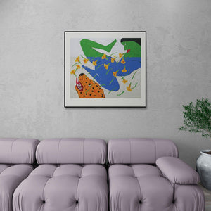 Preview of 'Apsara (Woman with Leopard)' Painting by Amit Ambalal shown on a wall in a furnished room.