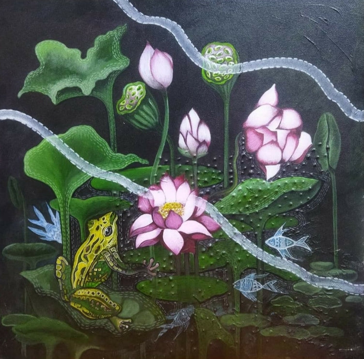 Aqua Life' nature acrylic painting by artist Shyamali Paul, 24x24 inch, on canvas